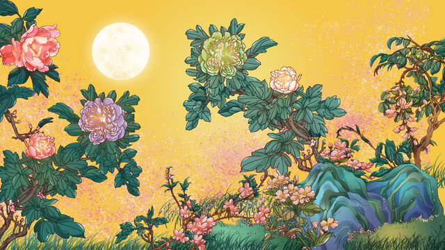 中秋牡丹花好月圓場景插畫