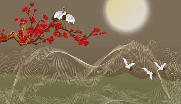 花鳥(niǎo)線條山水背景墻