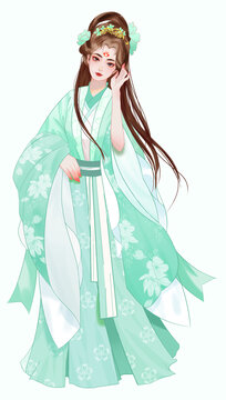 青色插畫美女