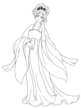線條手繪插畫國風盤發(fā)美女人物