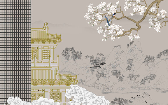 描線樓閣山水畫