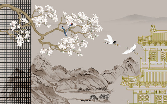 樓閣描線山水花鳥
