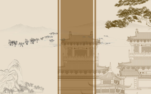 描線樓閣山水畫