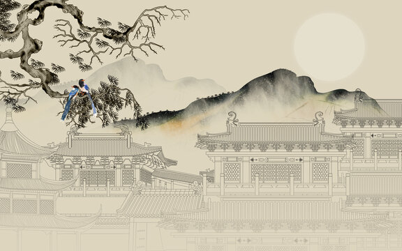 樓閣山水線描