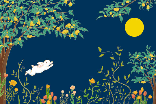 國風(fēng)中秋月兔桂花插畫海報(bào)
