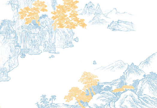 新中式線描山水禪意山水描金畫