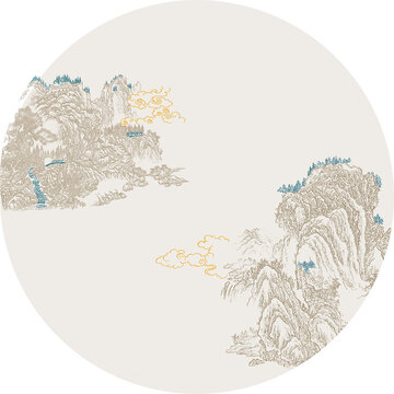圓形線描山水描金祥云山水框畫