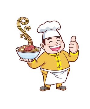 卡通中年男廚師端碗面形象矢量圖