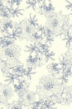 線描花卉數(shù)碼印花花型
