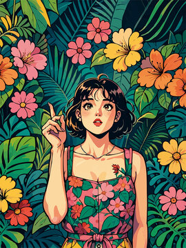 在鮮花綠植前拍照的繁花女孩