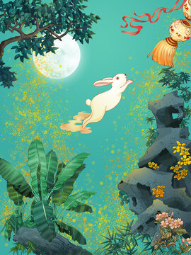 中秋玉兔夜晚風(fēng)景園林插畫