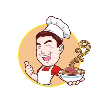 卡通中年男廚師端碗面頭像矢量圖