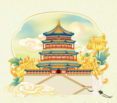 北京頤和園古建筑國潮插畫
