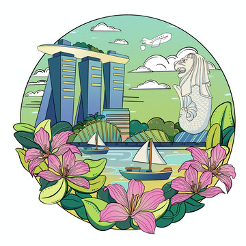 新加坡紫荊花魚尾獅金沙酒店插畫