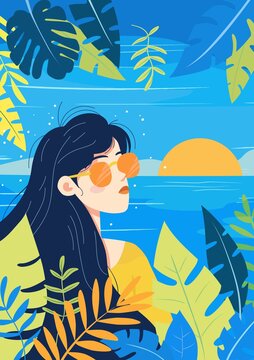 矢量插畫夏季海邊戴墨鏡的女孩