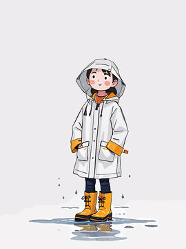 穿著雨衣雨鞋踩水的可愛(ài)小女孩