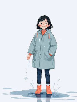 可愛小女孩穿雨衣站在水洼里