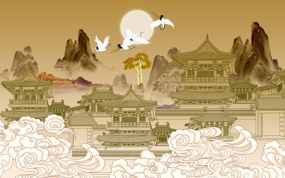 手繪描金線描山水畫