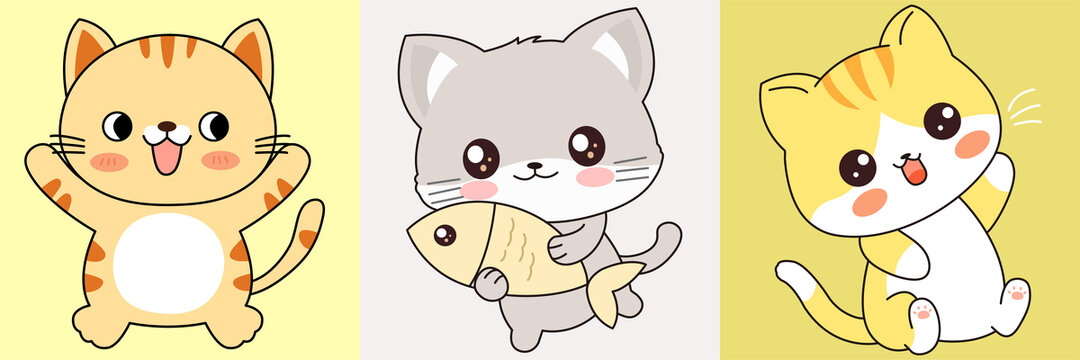 3只可愛卡通小貓咪插畫