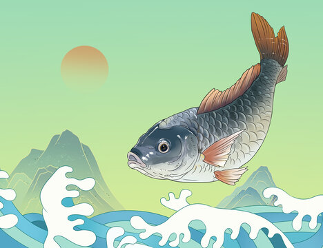 國風草魚鯉魚手繪插畫