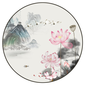 水墨荷花山水圖