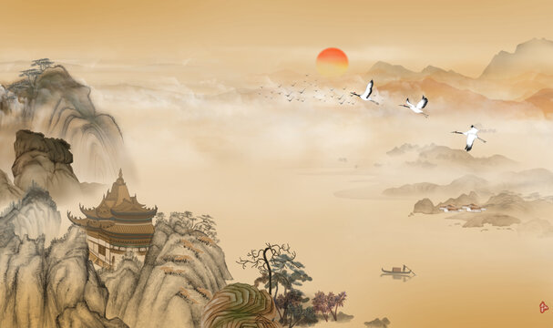高端新中式山水背景墻壁畫