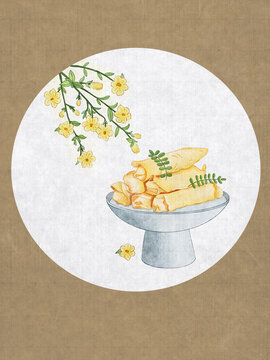 春卷和迎春花國潮手繪插畫