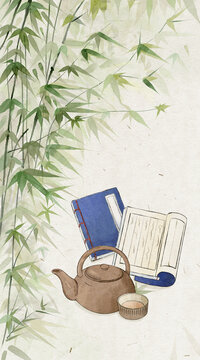竹林下喝茶看書