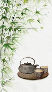 竹下喝茶水墨插畫