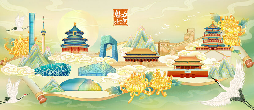 卷軸北京地標(biāo)建筑插畫