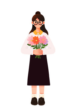 扁平人物女生花束手繪插畫