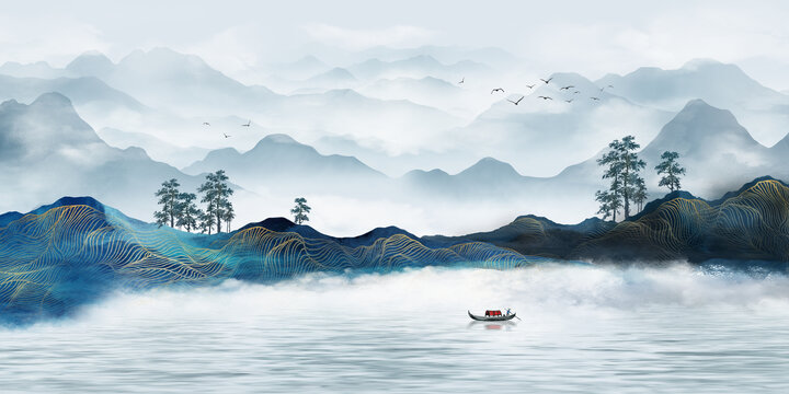 新中式意境山水畫(huà)背景墻