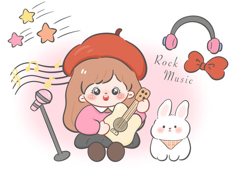 治愈卡通女孩兔子吉他音樂插畫