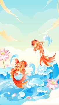 鯉魚躍龍門新國風插畫