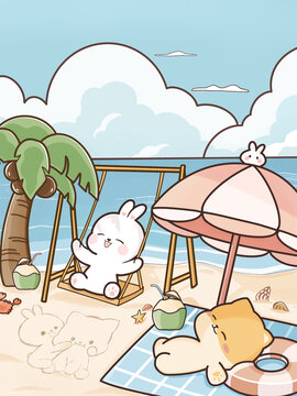 海邊度假卡通插畫