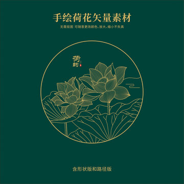手繪線描荷花蓮花