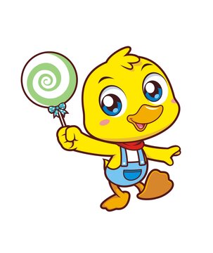 卡通可愛(ài)小鴨吃棒棒糖形象矢量圖