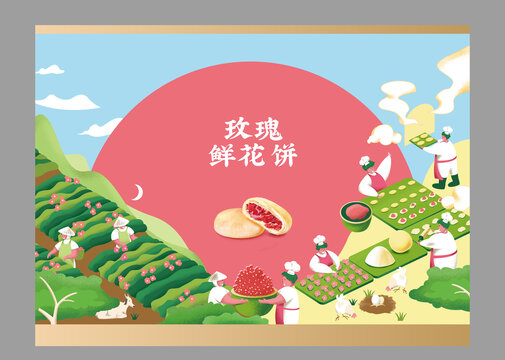 玫瑰鮮花餅制作流程插畫