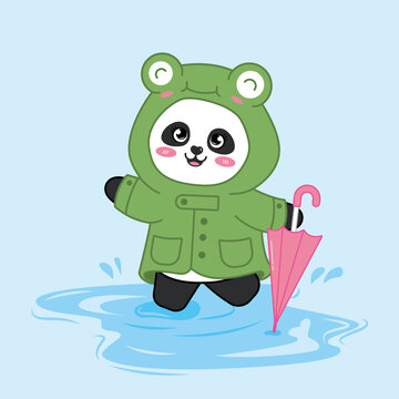 可愛卡通穿雨衣熊貓矢量插畫