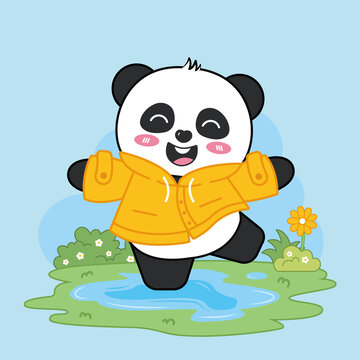 可愛卡通熊貓踏水矢量插畫