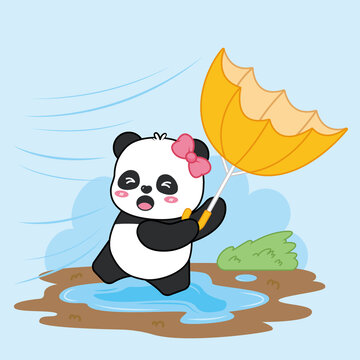 可愛卡通熊貓刮風(fēng)打傘矢量插畫