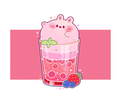 卡通可愛動物兔子飲料奶茶插畫