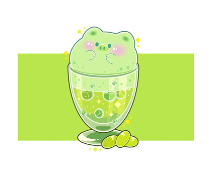 卡通可愛動物豬飲料奶茶插畫