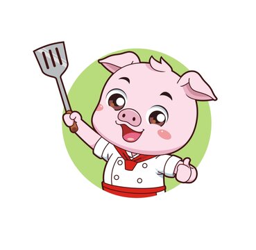 卡通可愛(ài)小豬廚師拿鍋鏟頭像