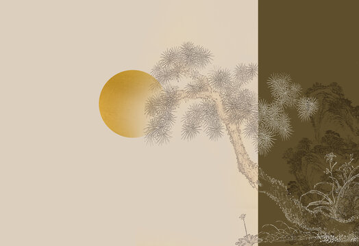 禪意水墨山水松鶴延年壁畫墻畫