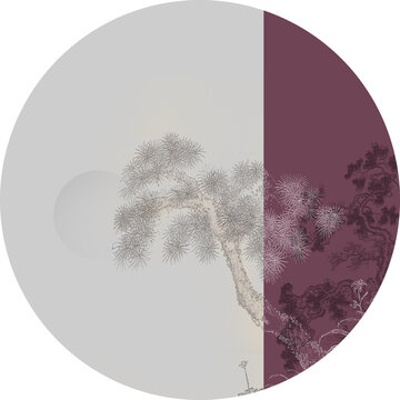 中式水墨山水松鶴延年圓形掛畫
