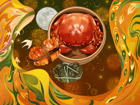 中秋螃蟹秋風(fēng)主題插畫