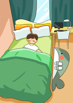 插畫男孩臥室