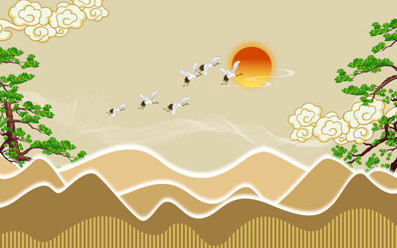 松鶴山水裝飾背景墻