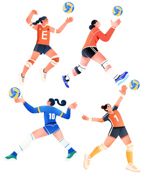 扁平運動打排球人物插畫